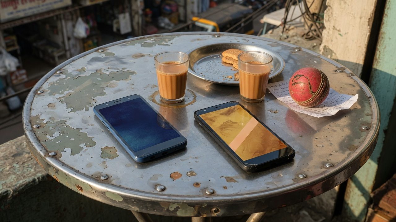 चाय की दुकान की मेज़ पर दो फ़ोन, चाय और क्रिकेट बॉल